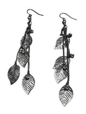 Silver Tone Leaf Drop Earrings Long Dangling Design With Rhinestone Accents New